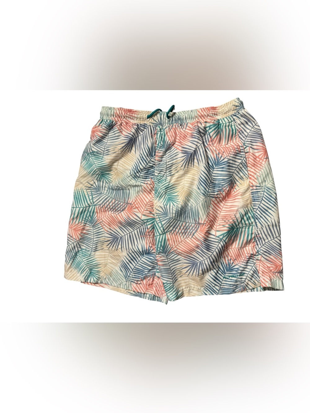 Palm-Print Men’s Swim Trunks in Coral, Teal & Navy